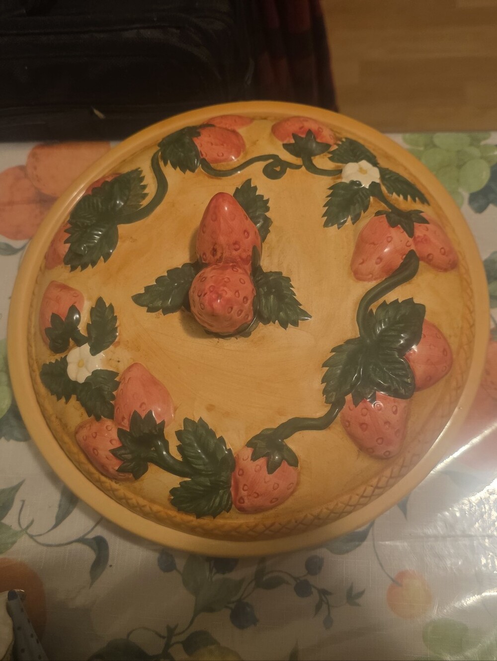 Vintage Hand-Painted Strawberry Ceramic Covered Pie  Dish - Yellow & Red